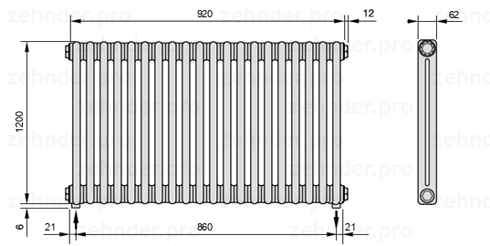 Схема (чертеж) Радиатор Zehnder Charleston 2120/20 №5310 Белый глянцевый RAL 9016